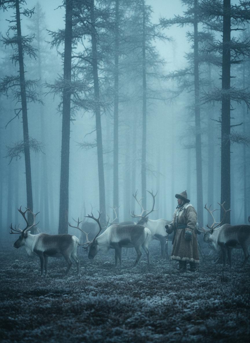 Tsaatan reindeer herder in misty forest